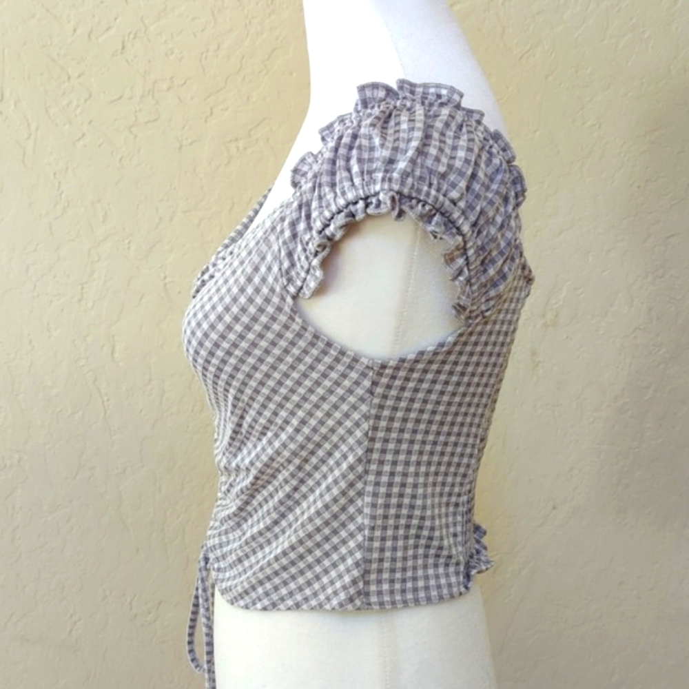 URBAN Romantics Gray White Gingham Cinched Milkmaid Crop Top Size Small - Picture 3 of 5